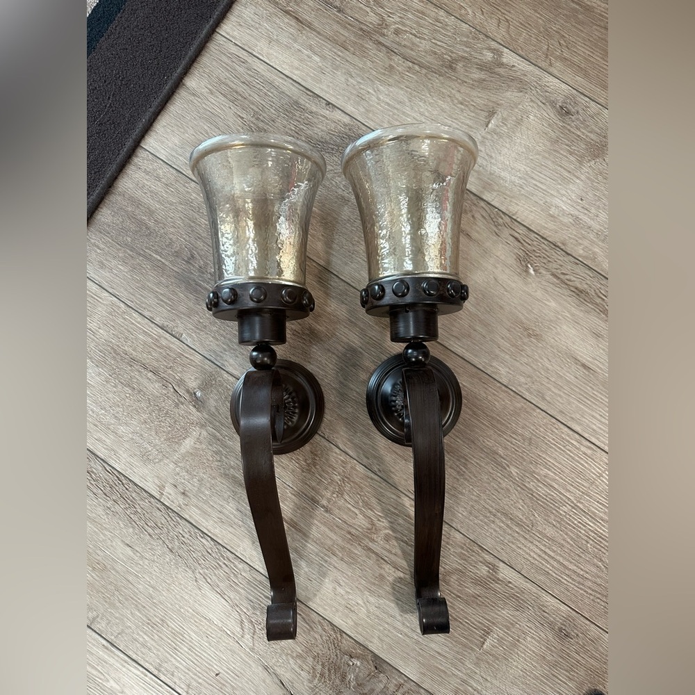 Pair of Black Metal Wall Sconces with Mercury Glass Shades